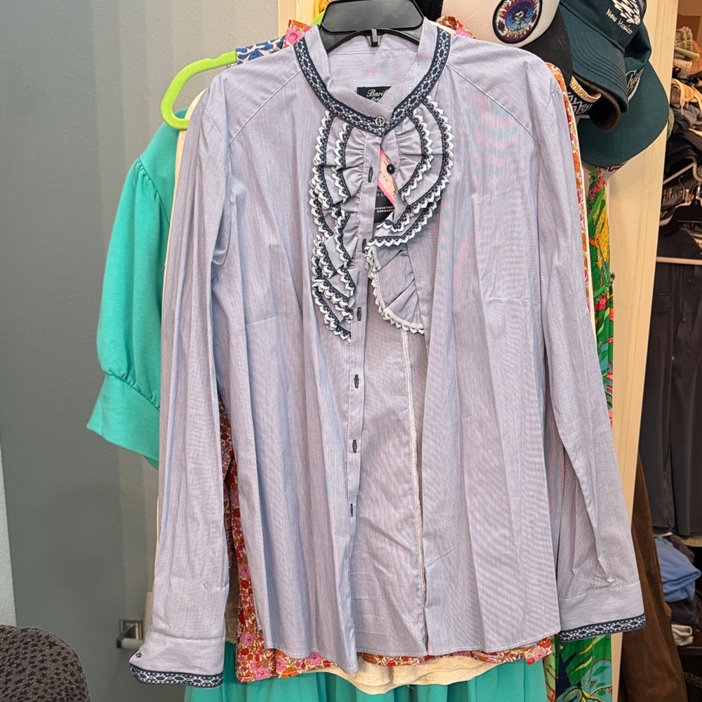 Alara Blue Button Down Shirt with Ruffle Detail